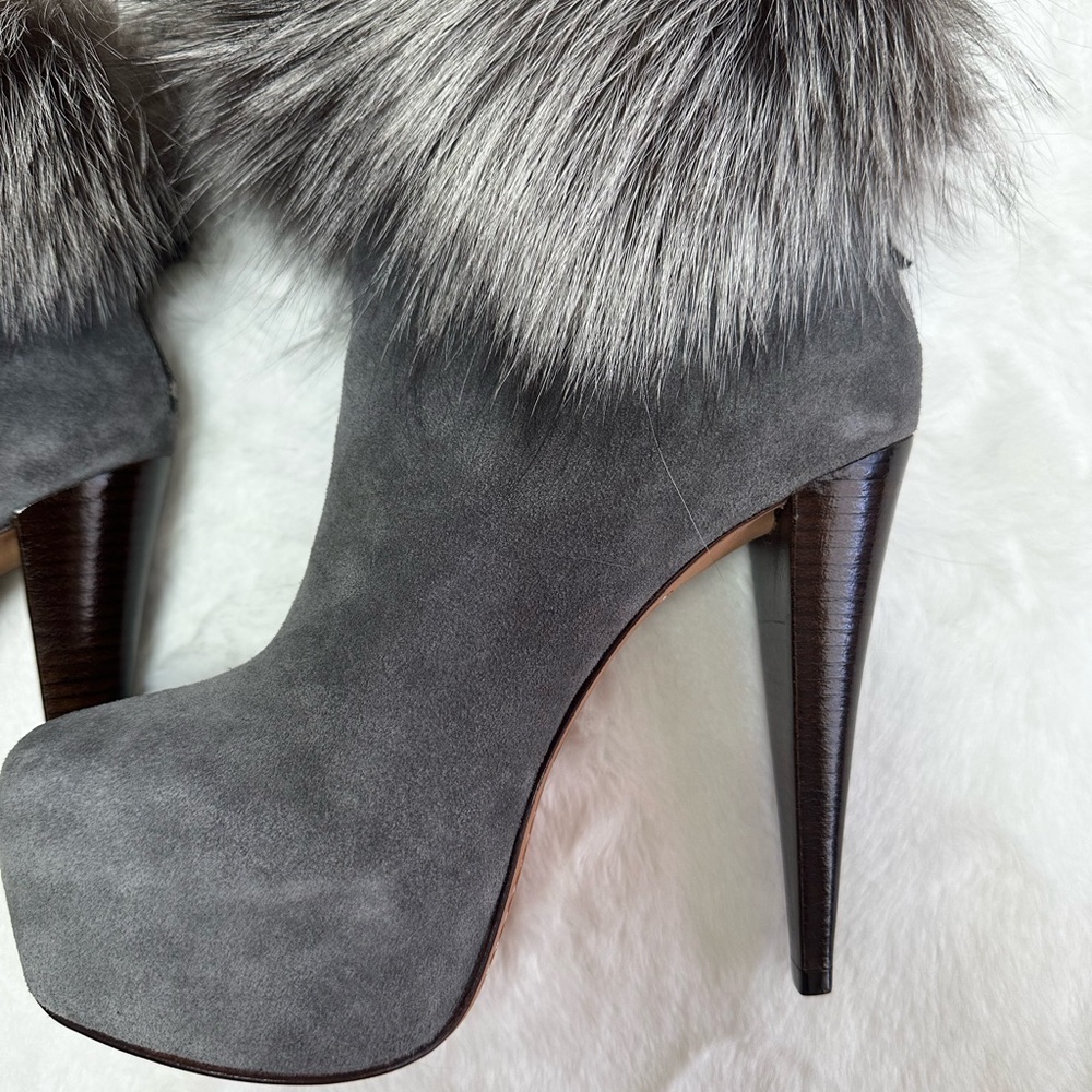 Alice + Olivia Gray Fur-Trimmed Heeled Boots - Picture 2 of 5